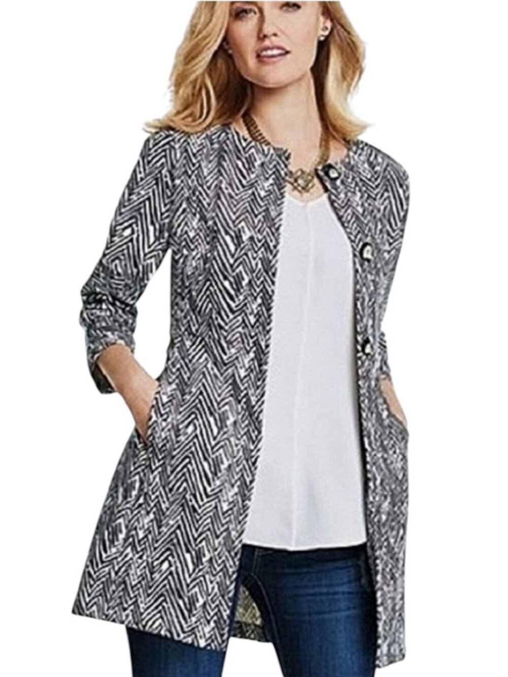 CABI BLACK WHITE ZIG ZAG JACKET BLAZER 3034 MODERN PARISIAN UPSCALE WEEKEND M
